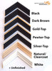 Floater frames from UCS are available in 8 finishes: Black, White, Dark Brown. Black with Gold/Pewter/Silver Top, Natural Clearcoat, or Unfinished